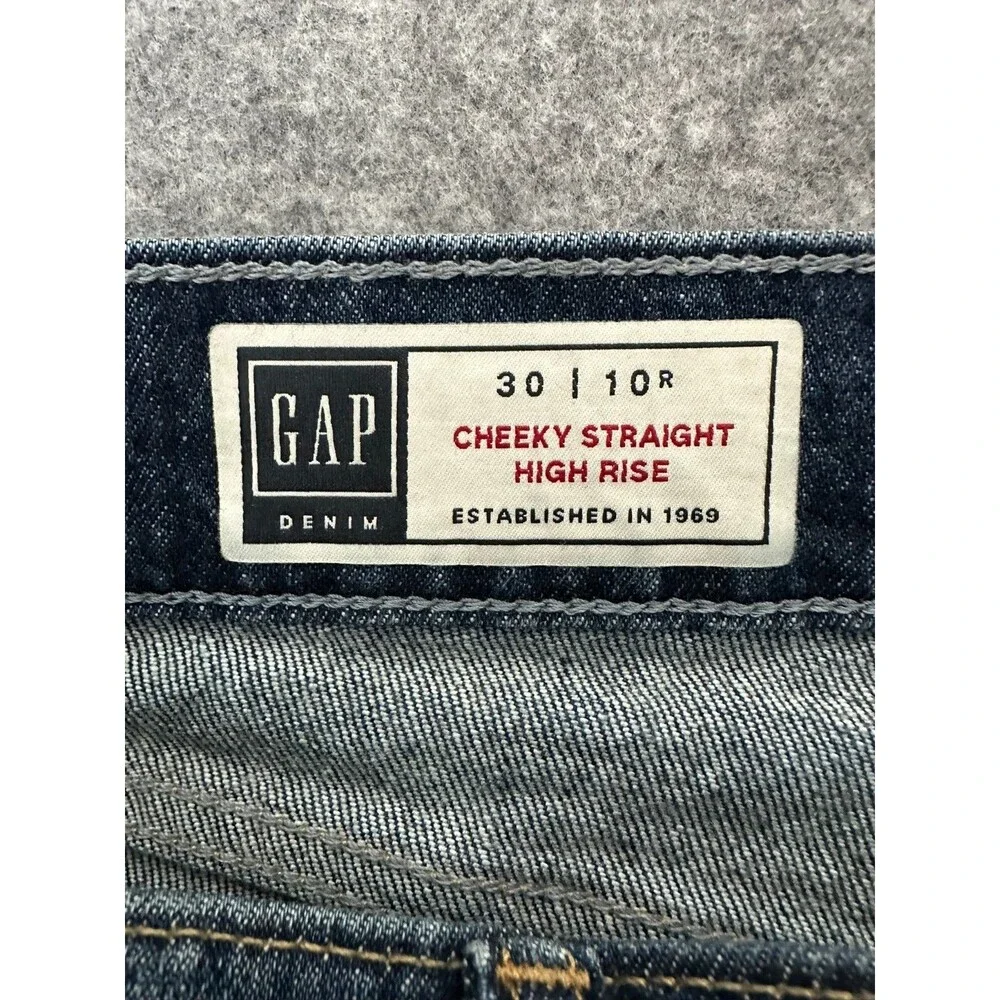 GAP Cheeky Straight High Rise Cropped Jeans 10R/31 Dark Wash Raw Hem Button Fly - Picture 8 of 13